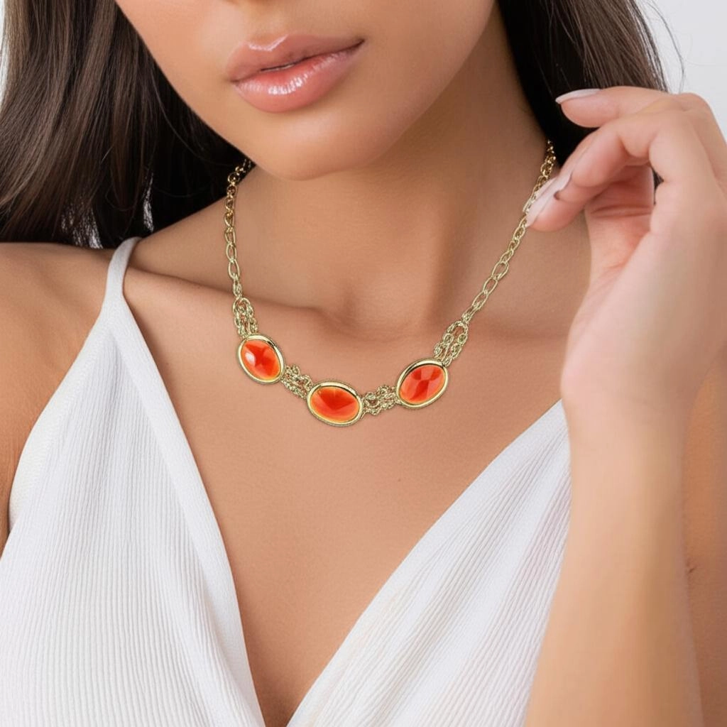 2028 Jewelry Triple Oval Faceted Stone Collar Necklace 16"   3" Extender