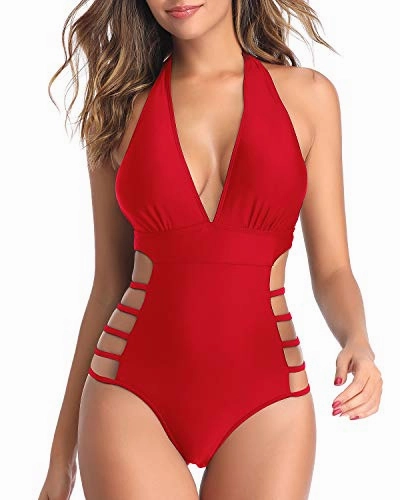 Stylish Hourglass Body Type One Piece Swimsuits Plunge V Neck Halter Bathing Suits-Red