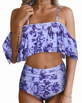 Stylish Ruffle Top Bikini Set For Women High Waisted Bottoms-Blue Tie Dye