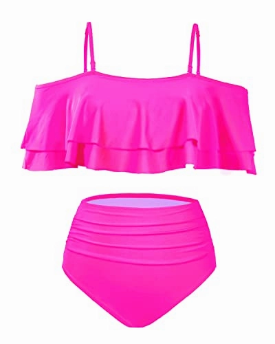 Two Piece Off Shoulder High Waisted Bikini Swimsuit-Neon Pink