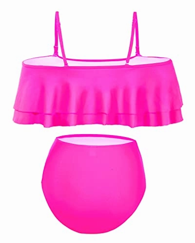Two Piece Off Shoulder High Waisted Bikini Swimsuit-Neon Pink
