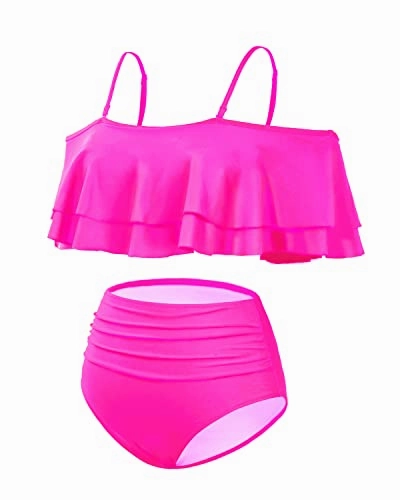 Two Piece Off Shoulder High Waisted Bikini Swimsuit-Neon Pink