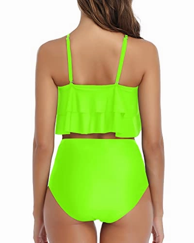 Two Piece Ruffle Bikini Removable Padded Cups-Neon Green