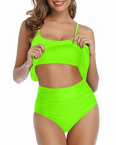 Two Piece Ruffle Bikini Removable Padded Cups-Neon Green