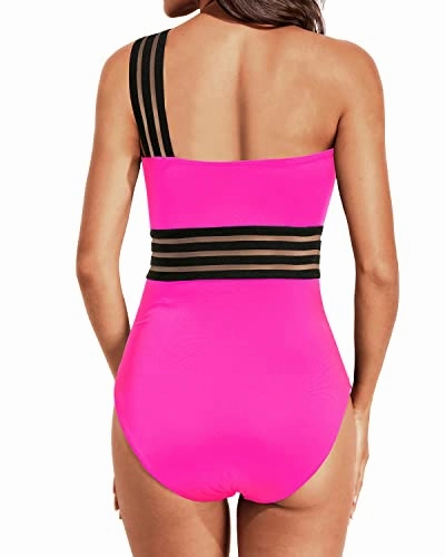 Women's Stylish Swimwear Mesh One Shoulder Tummy Control One Piece Swimsuits