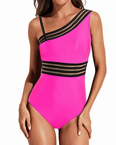 Women's Stylish Swimwear Mesh One Shoulder Tummy Control One Piece Swimsuits